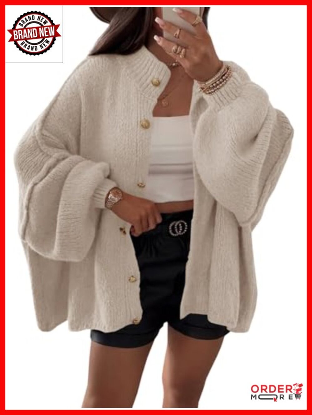 Oversized Lantern Sleeve Button Down Chunky Knit Cardigan Sweater Coat